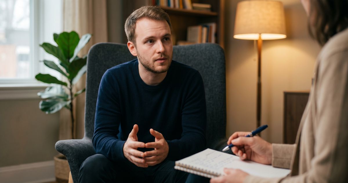 Person sitting in a calm therapy office, natural light through window — taking the first step toward treatment